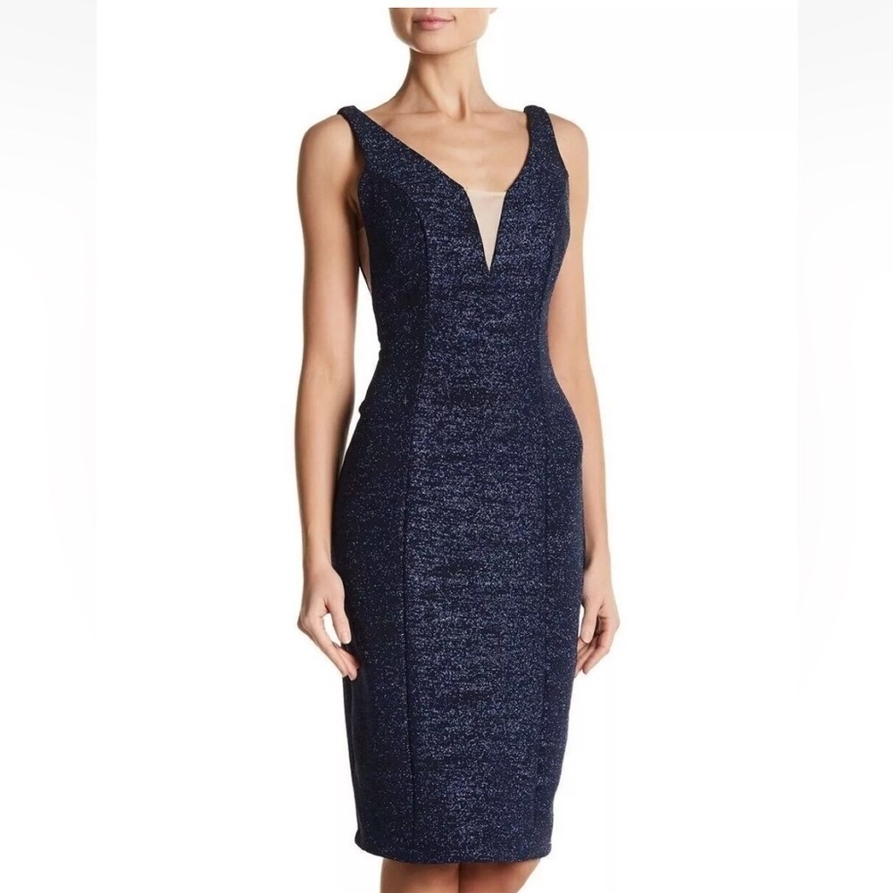 Marina Blue midi Dress bodycon Glitter Metallic Mesh sheer office siren 6